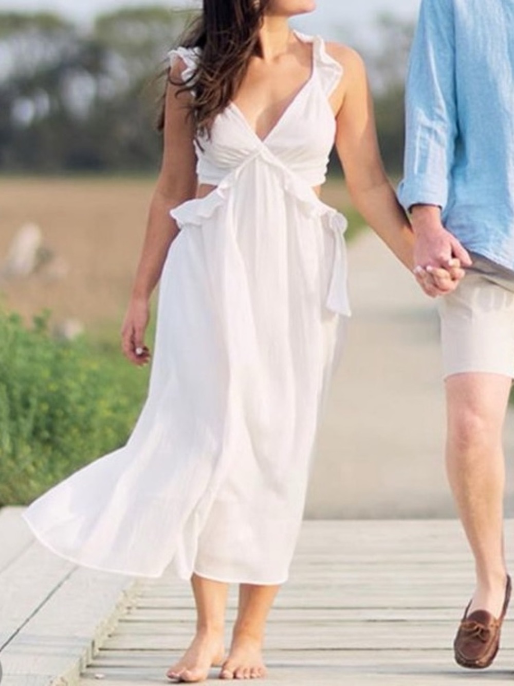 ASTR -  The Label , Ruffled V-Neck White Maxi Dress Open Back with A Tie!No size